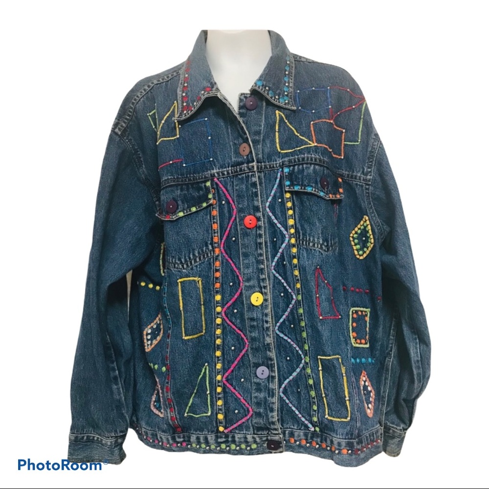 Embellished Dark Blue Denim Jacket with Multicolor Accents